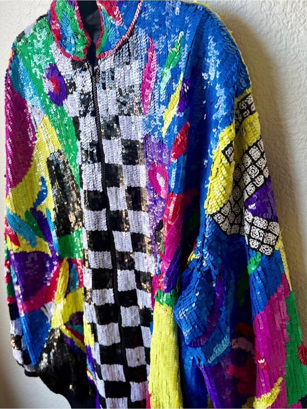 Vintage Gantos Sequin Abstract Checkered Bomber Jacket - Multicolor XXL - Picture 9 of 16